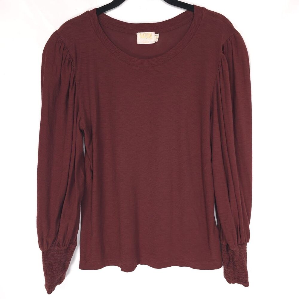 NATION LTD Burgundy Pima Cotton Blouse Long Sleeve Smocked‎ Cuff Women M